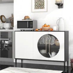 Buffetschrank mit Glastüren & Metallbeinen Sideboard Küchenschrank Weiß + Schwarz