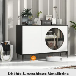 Buffetschrank mit Glastüren & Metallbeinen Sideboard Küchenschrank Weiß + Schwarz