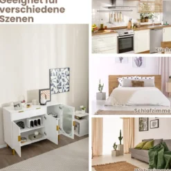 Buffetschrank mit Glastüren Sideboard mit 2 Schubladen & Metallbeinen 120 x 40 x 88 cm Weiß