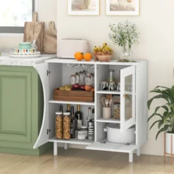 Buffetschrank mit Glastür & Offenem Regal & Metallbeinen Sideboard 80 x 30 x 80 cm Weiß