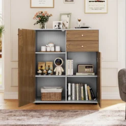 Buffetschrank mit 2 Schubladen & 2 Türen & 3 Verstellbaren Regalen Sideboard Vorratsschrank Natur