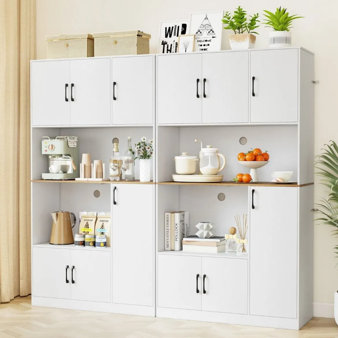 Buffetschrank mit Steckdose & Mikrowellenständer Küchenschrank aus Holz Weiß
