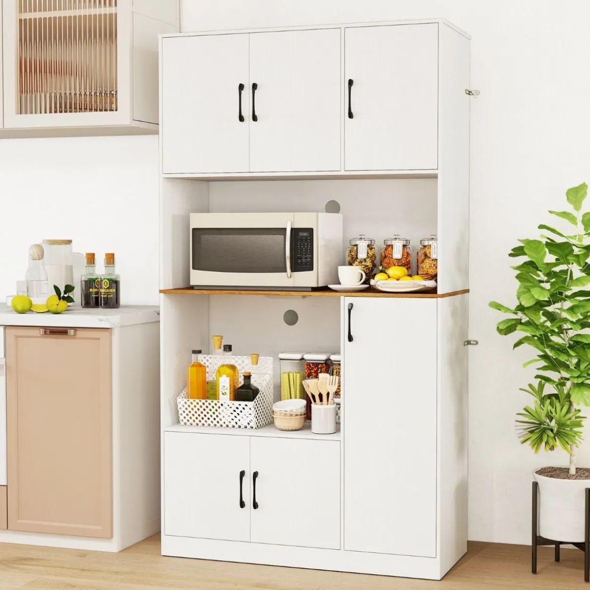Buffetschrank mit Steckdose & Mikrowellenständer Küchenschrank aus Holz Weiß
