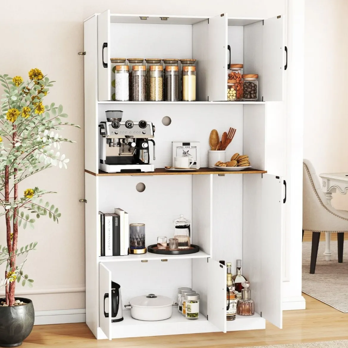 Buffetschrank mit Steckdose & Mikrowellenständer Küchenschrank aus Holz Weiß