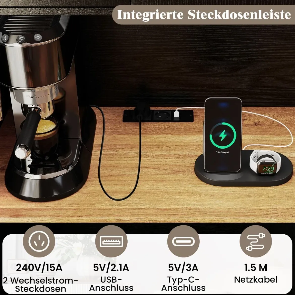 Buffetschrank mit Steckdose & Mikrowellenständer Küchenschrank aus Holz Schwarz