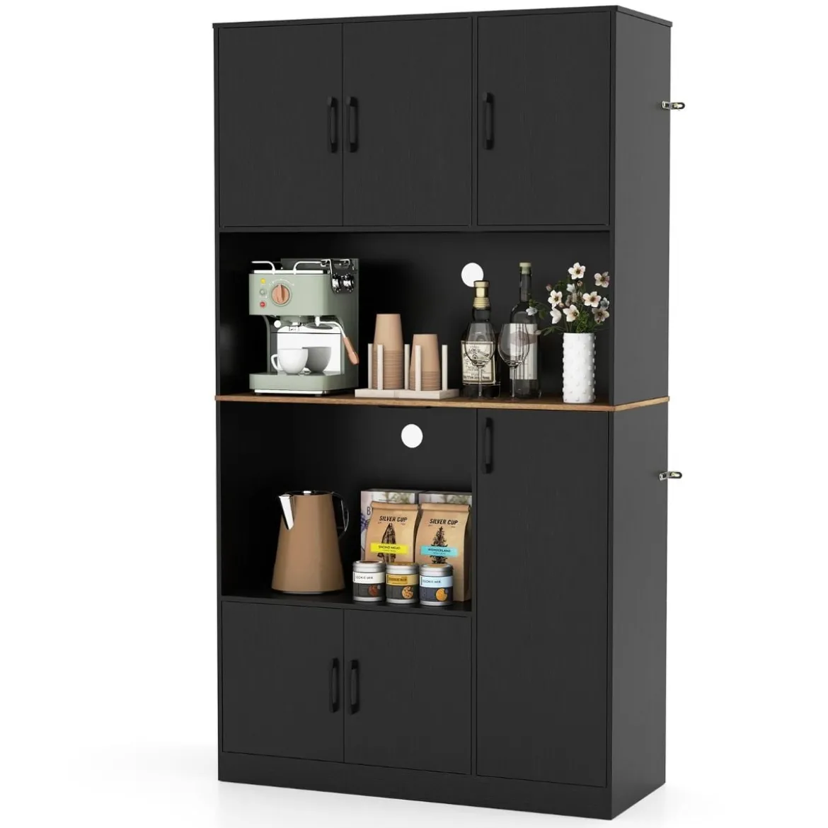 Buffetschrank mit Steckdose & Mikrowellenständer Küchenschrank aus Holz Schwarz