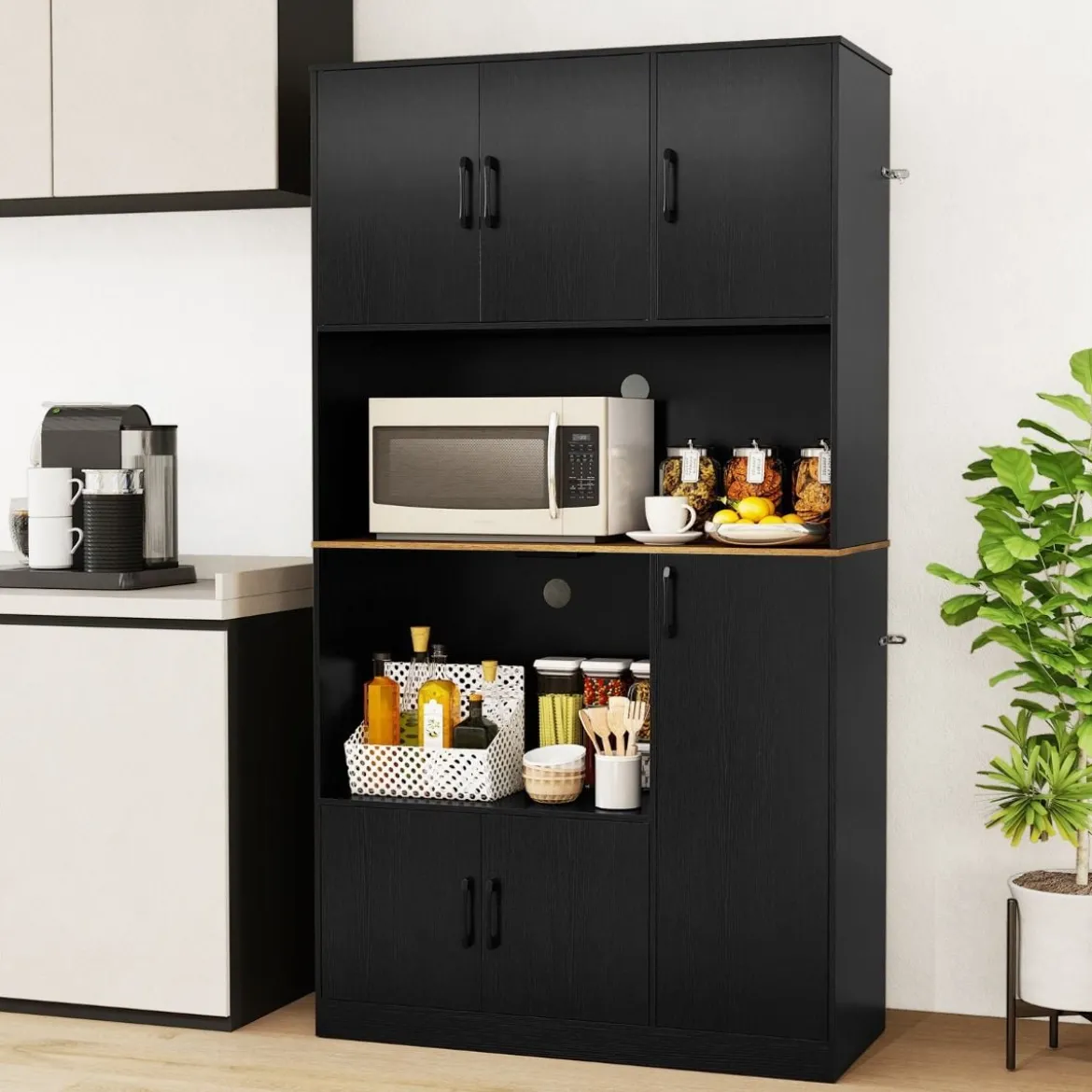 Buffetschrank mit Steckdose & Mikrowellenständer Küchenschrank aus Holz Schwarz