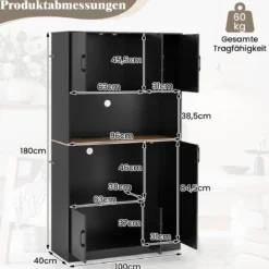 Buffetschrank mit Steckdose & Mikrowellenständer Küchenschrank aus Holz Schwarz