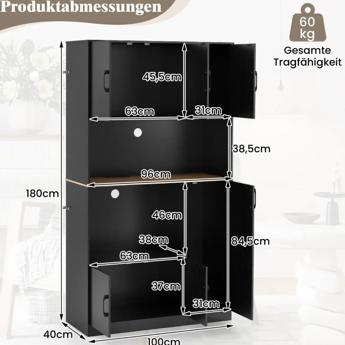 Buffetschrank mit Steckdose & Mikrowellenständer Küchenschrank aus Holz Schwarz