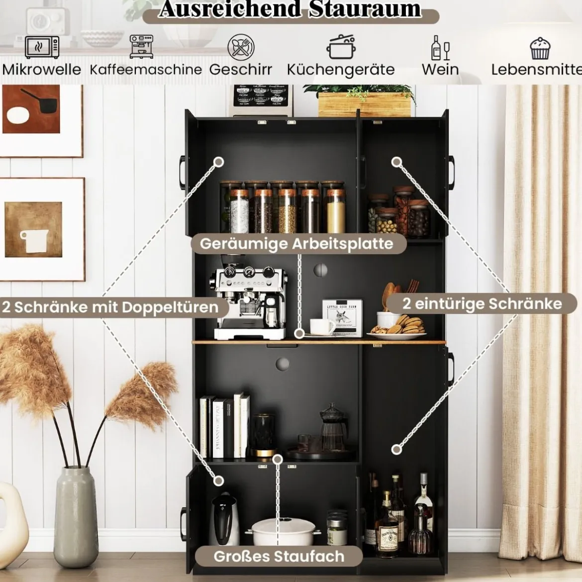 Buffetschrank mit Steckdose & Mikrowellenständer Küchenschrank aus Holz Schwarz