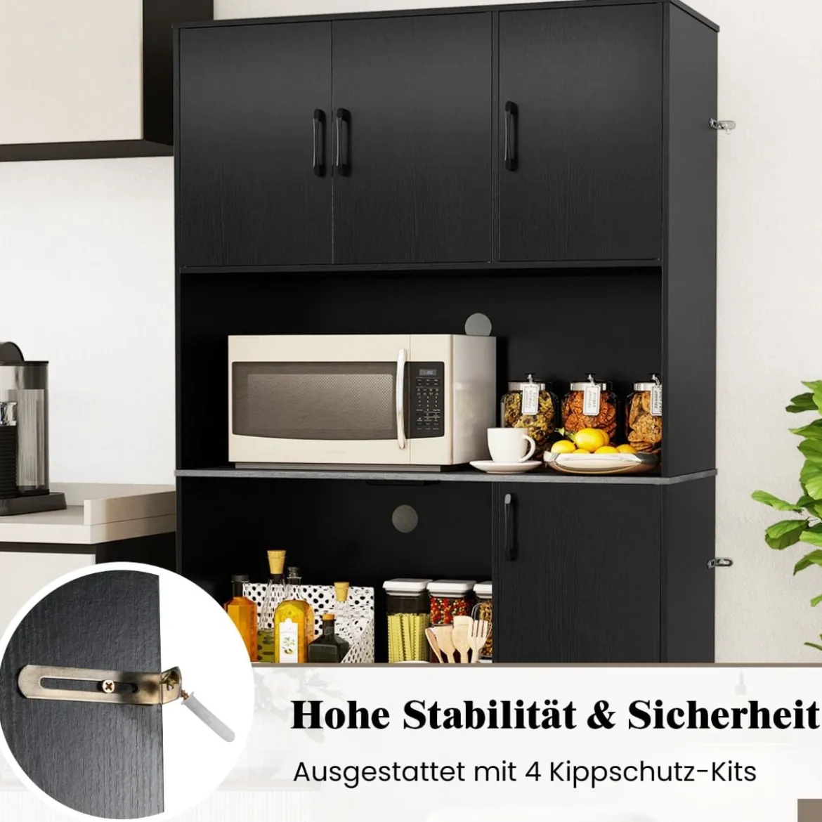 Buffetschrank mit Steckdose & Mikrowellenständer Küchenschrank aus Holz Schwarz