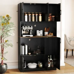 Buffetschrank mit Steckdose & Mikrowellenständer Küchenschrank aus Holz Schwarz