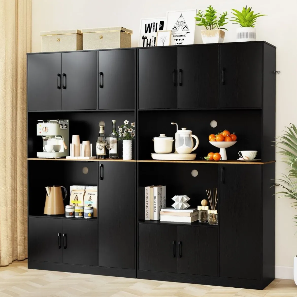 Buffetschrank mit Steckdose & Mikrowellenständer Küchenschrank aus Holz Schwarz