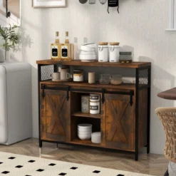 Buffetschrank mit 3-stufig Verstellbaren Regalen & Schiebetüren & Offenen Fächern im Farmhaus Stil