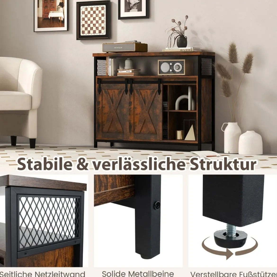 Buffetschrank mit 3-stufig Verstellbaren Regalen & Schiebetüren & Offenen Fächern im Farmhaus Stil
