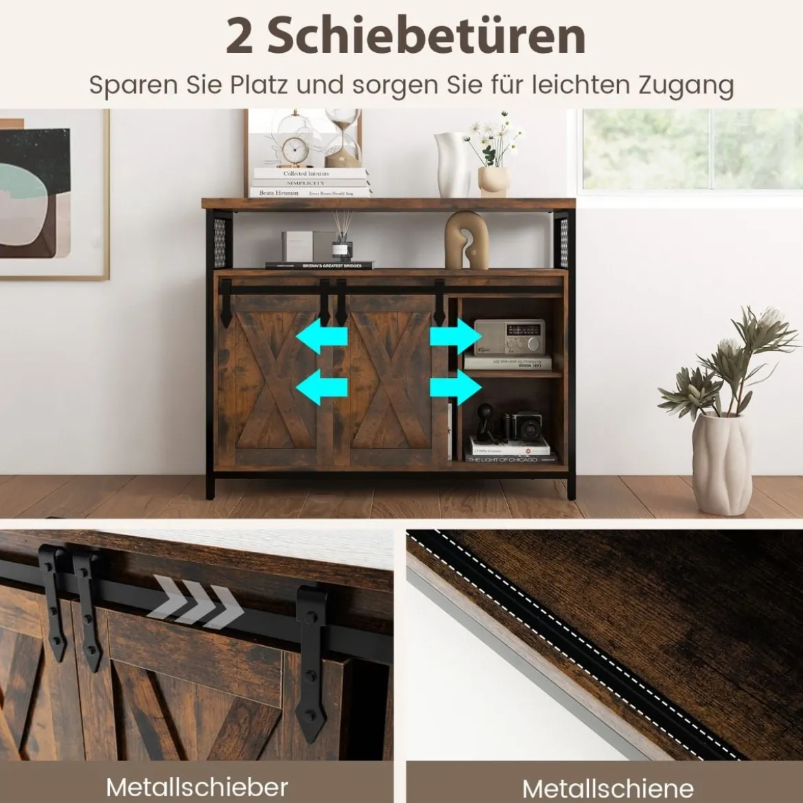 Buffetschrank mit 3-stufig Verstellbaren Regalen & Schiebetüren & Offenen Fächern im Farmhaus Stil