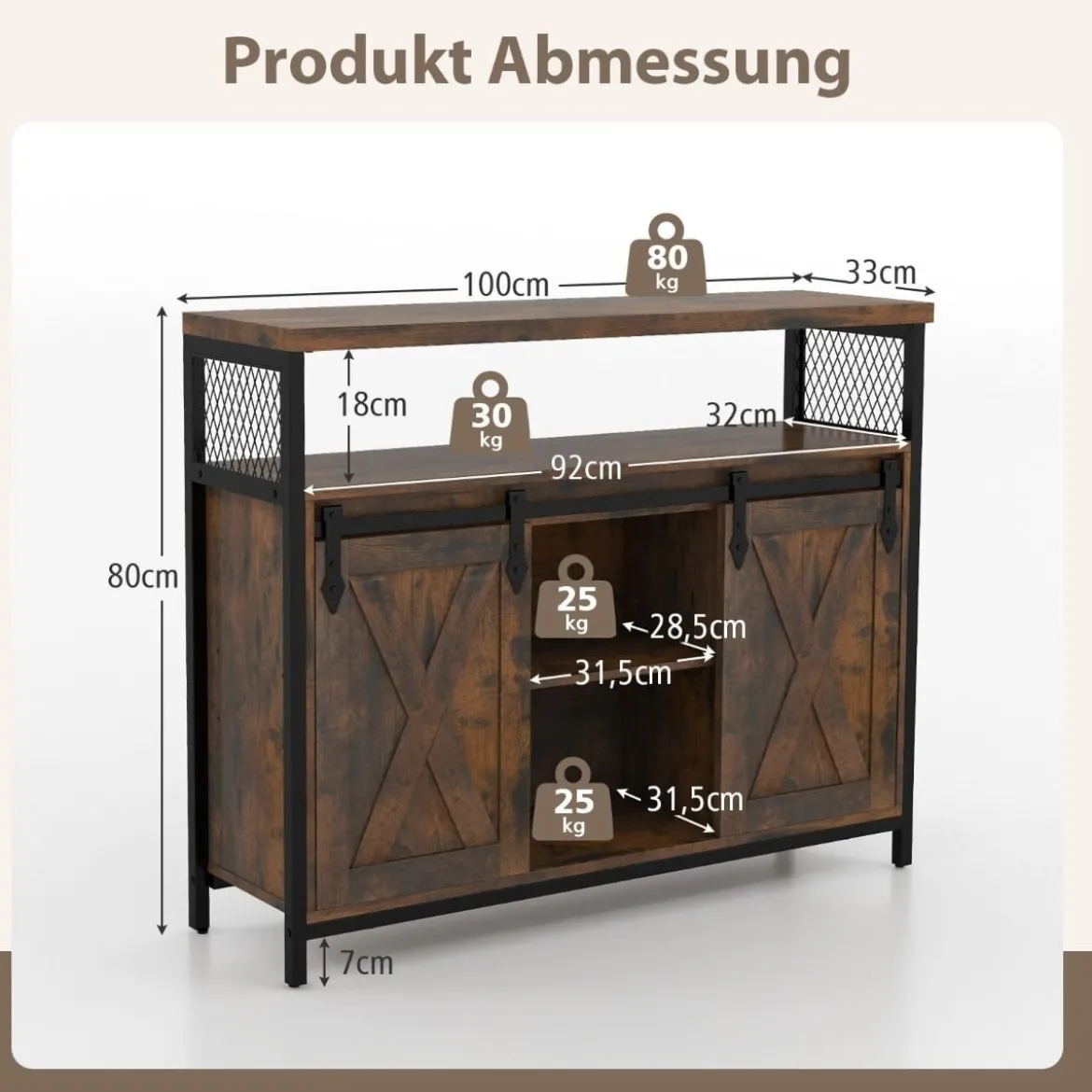 Buffetschrank mit 3-stufig Verstellbaren Regalen & Schiebetüren & Offenen Fächern im Farmhaus Stil