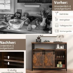 Buffetschrank mit 3-stufig Verstellbaren Regalen & Schiebetüren & Offenen Fächern im Farmhaus Stil