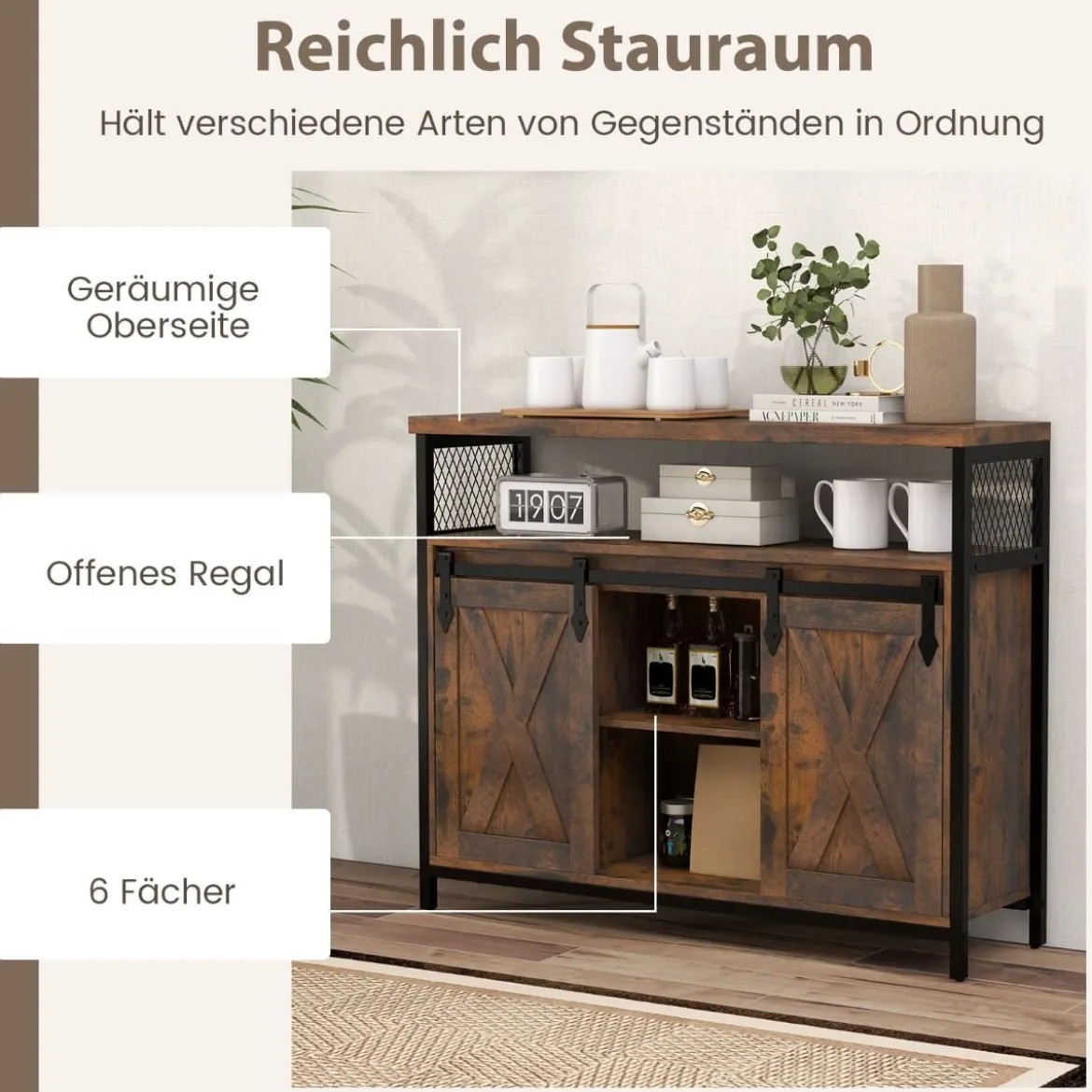 Buffetschrank mit 3-stufig Verstellbaren Regalen & Schiebetüren & Offenen Fächern im Farmhaus Stil