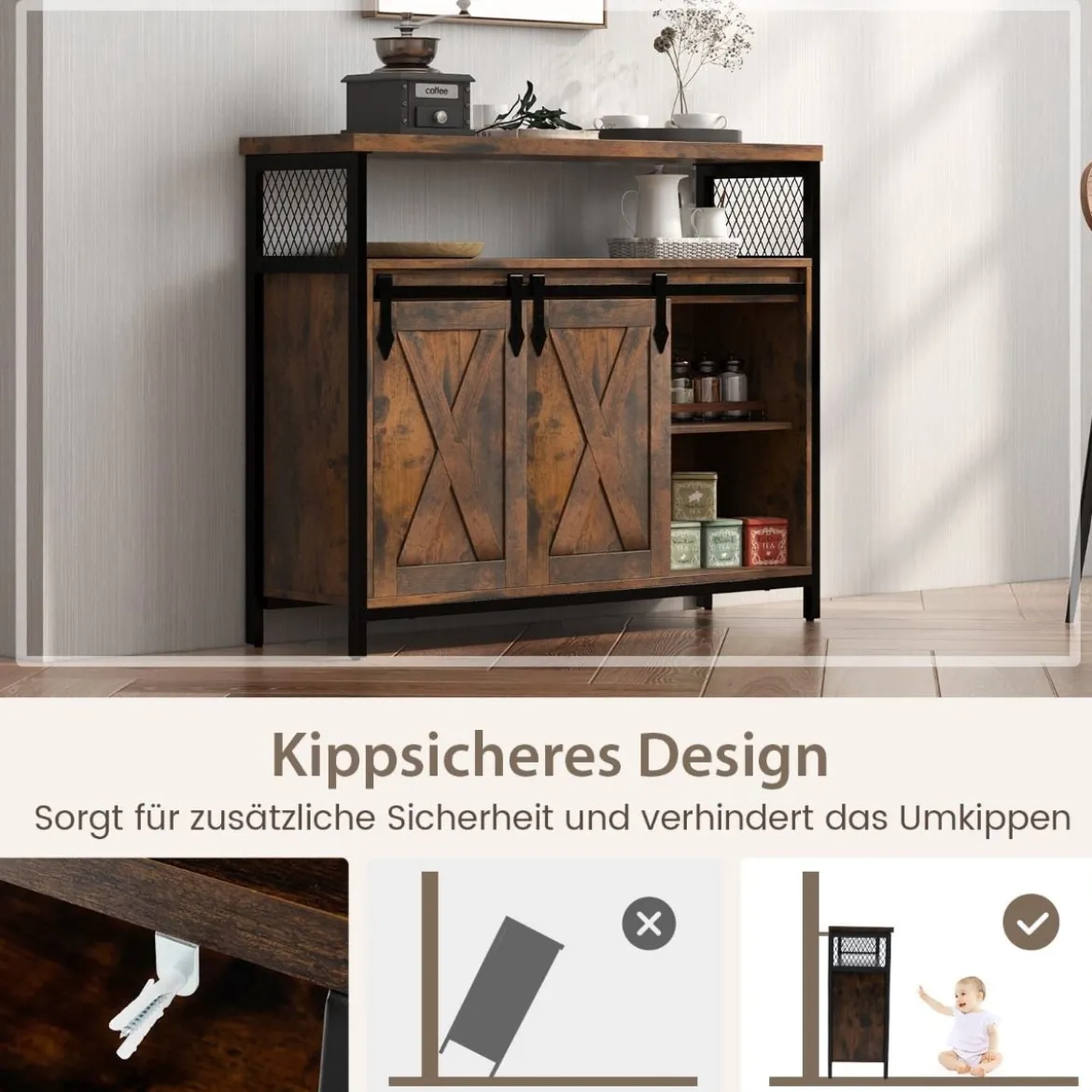 Buffetschrank mit 3-stufig Verstellbaren Regalen & Schiebetüren & Offenen Fächern im Farmhaus Stil