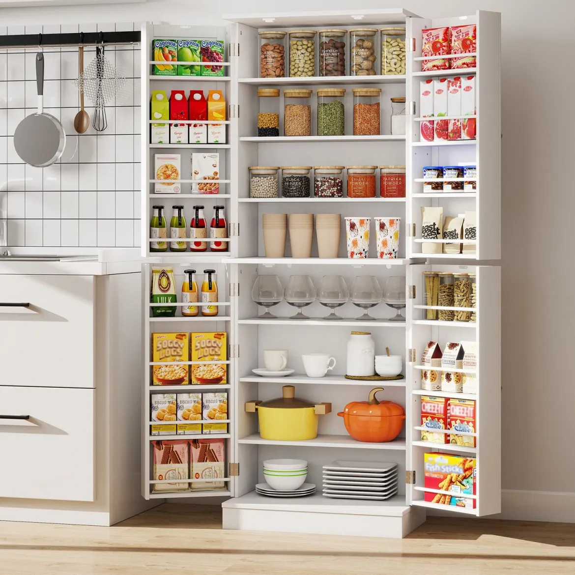 Buffetschrank mit 16 Türregalen & 6 Verstellbaren Regalen Lagerschrank Küchenschrank Weiß
