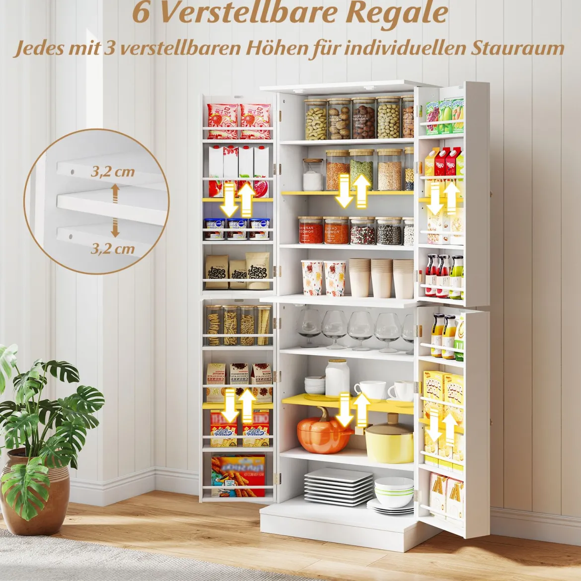 Buffetschrank mit 16 Türregalen & 6 Verstellbaren Regalen Lagerschrank Küchenschrank Weiß