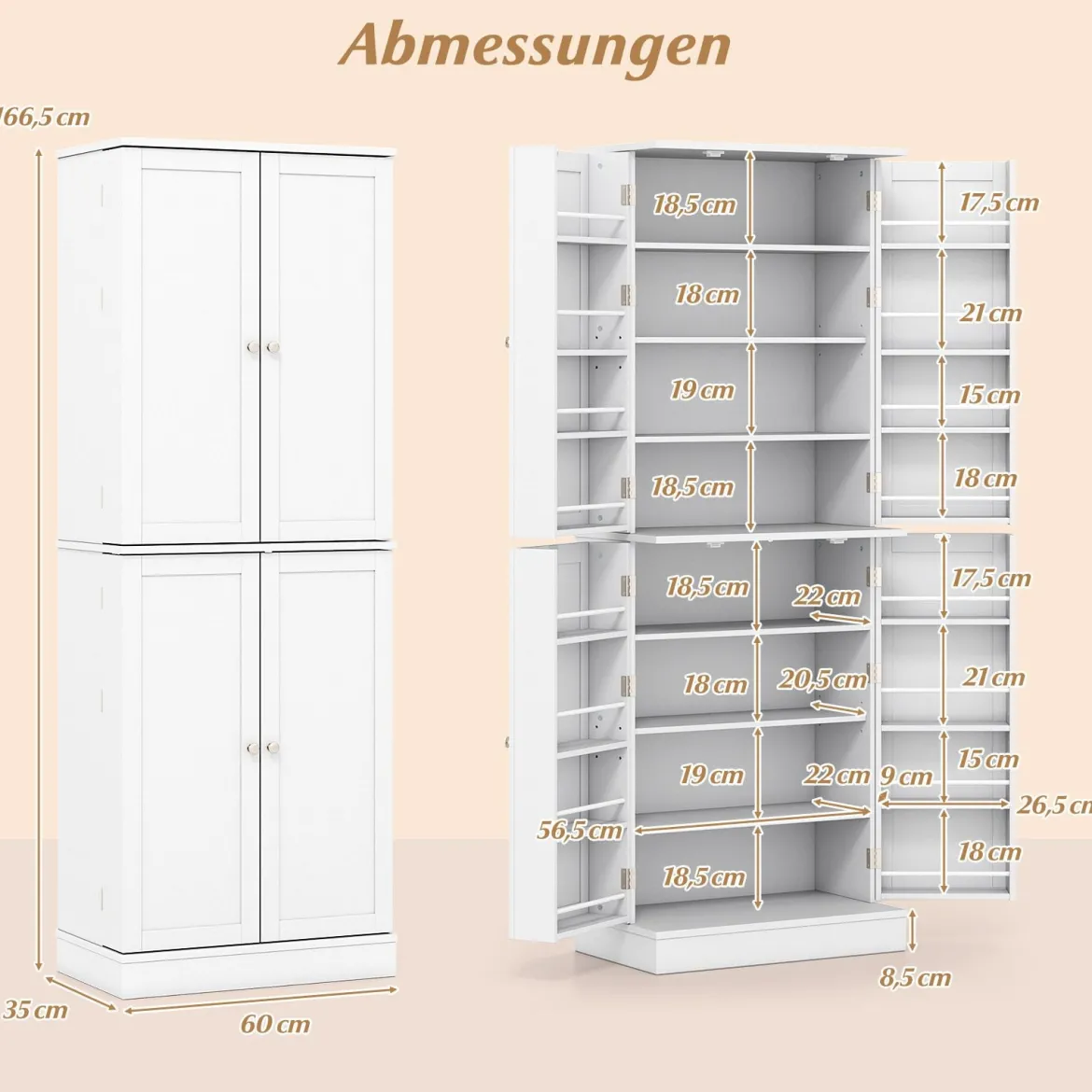 Buffetschrank mit 16 Türregalen & 6 Verstellbaren Regalen Lagerschrank Küchenschrank Weiß