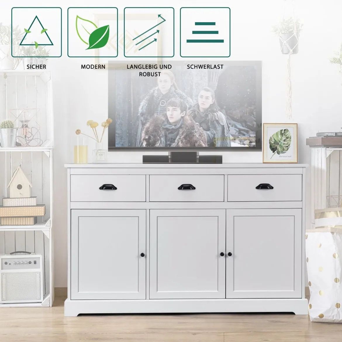 Buffetschrank Sideboard Standschrank mit 3 Schubladen und 3 Türen Weiß