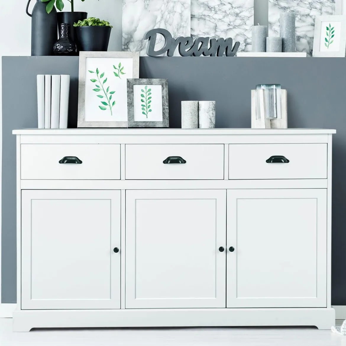 Buffetschrank Sideboard Standschrank mit 3 Schubladen und 3 Türen Weiß