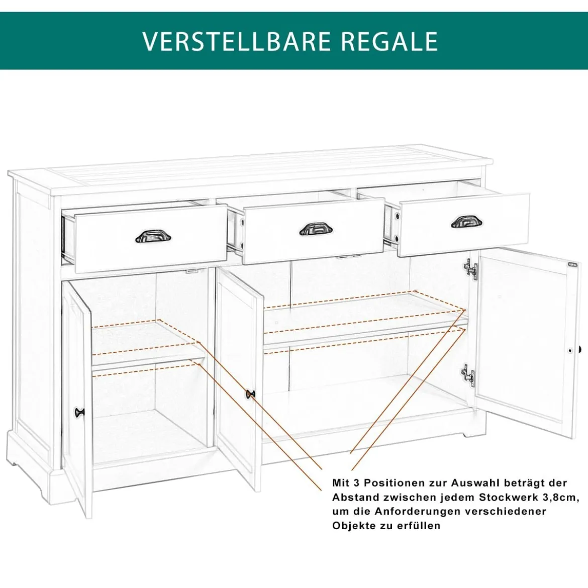 Buffetschrank Sideboard Standschrank mit 3 Schubladen und 3 Türen Weiß