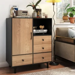 Buffet-Sideboard Mittelalter moderner Aufbewahrungsschrank mit 4 Schubladen & offenem Fach Schwarz