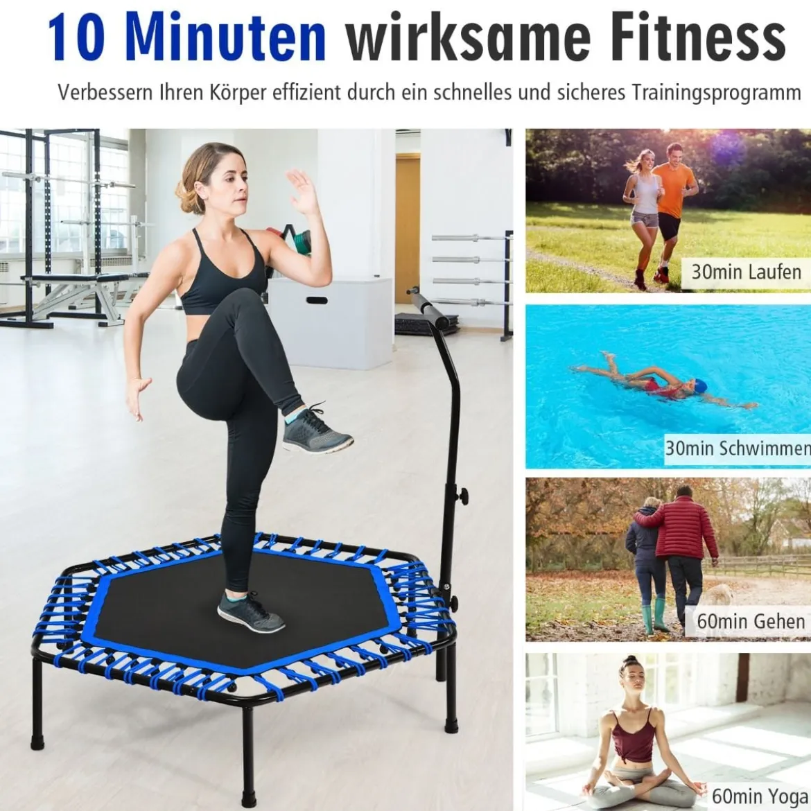 Übungstrampolin Fitness-Trampolin mit Griff Trampolin verstellbar 129 x 114 x 96-112 cm Blau