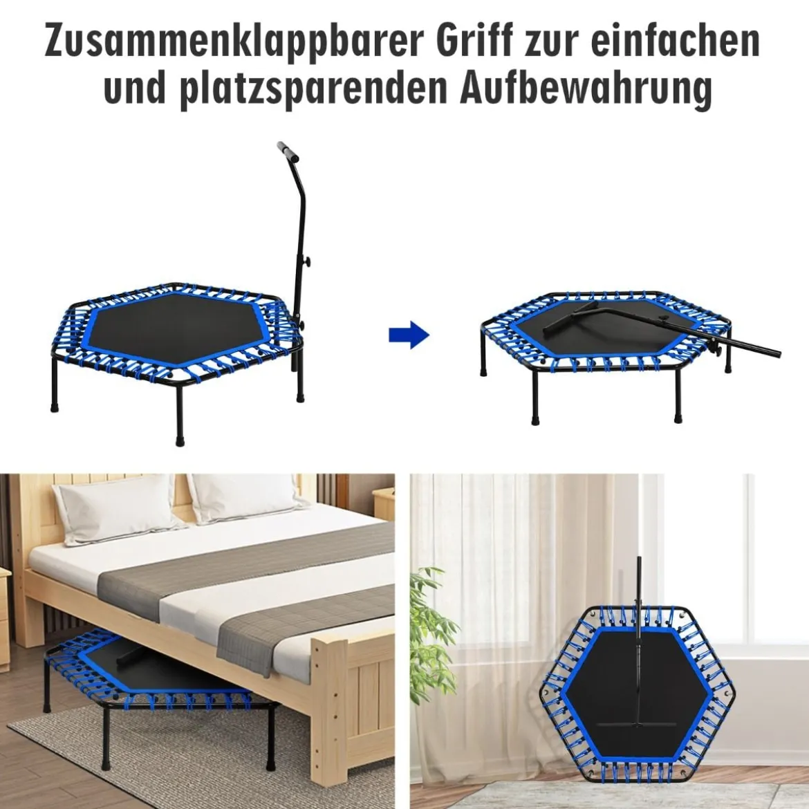 Übungstrampolin Fitness-Trampolin mit Griff Trampolin verstellbar 129 x 114 x 96-112 cm Blau