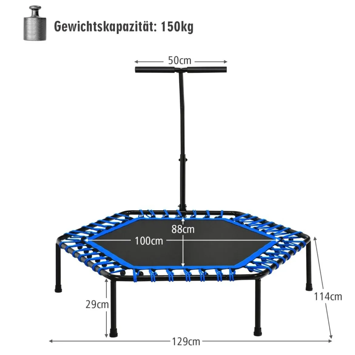 Übungstrampolin Fitness-Trampolin mit Griff Trampolin verstellbar 129 x 114 x 96-112 cm Blau