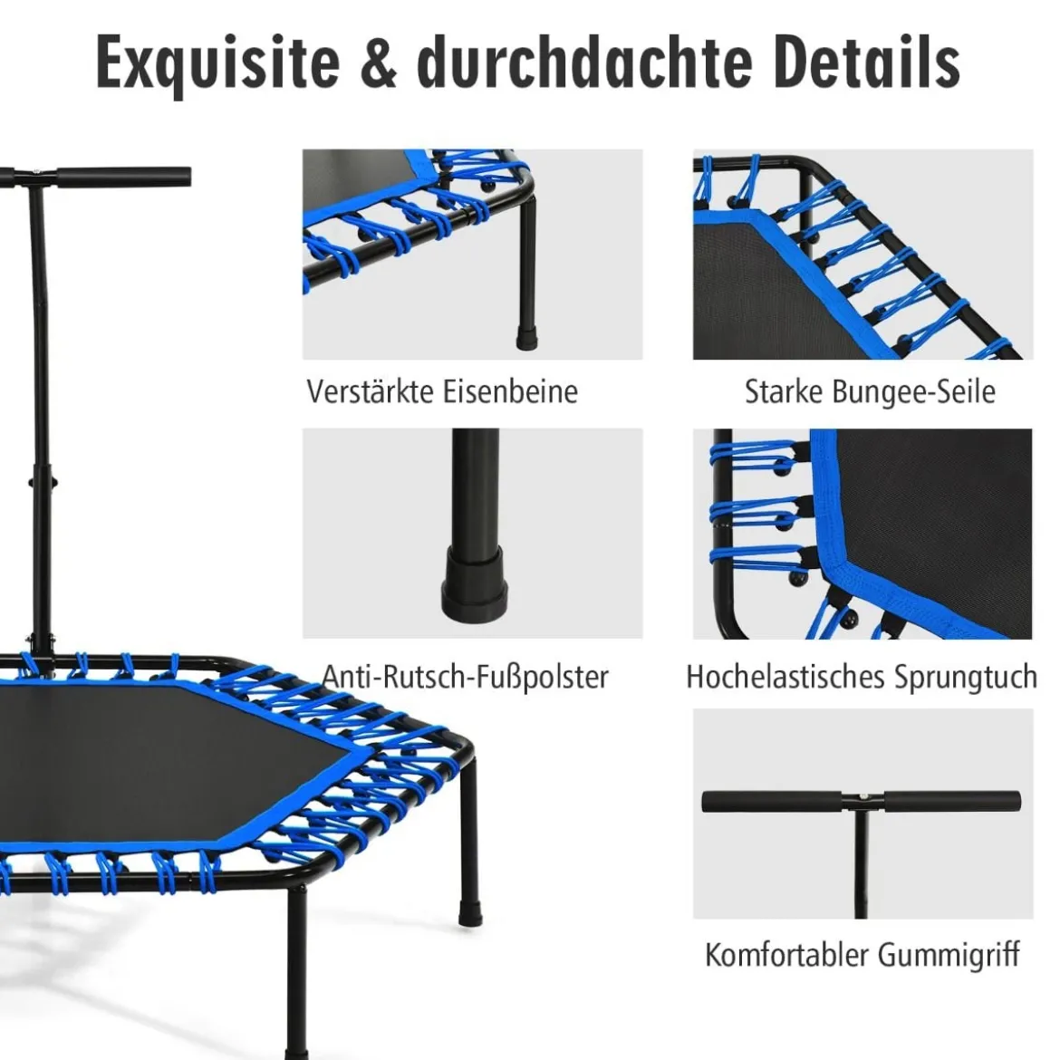 Übungstrampolin Fitness-Trampolin mit Griff Trampolin verstellbar 129 x 114 x 96-112 cm Blau