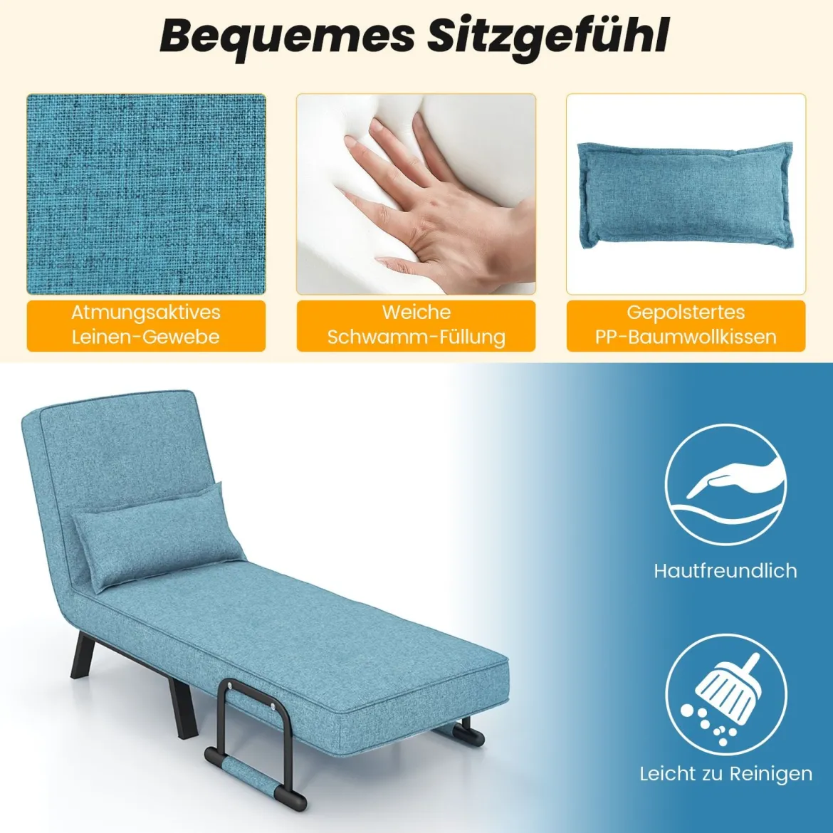 Cabrio-Schlafsofa Klappsessel Schlafcouch Sofabett 5-Positionen-Liegestuhl Hellgrau/Schwarz/Blau/Dunkelgrau/Kaffee