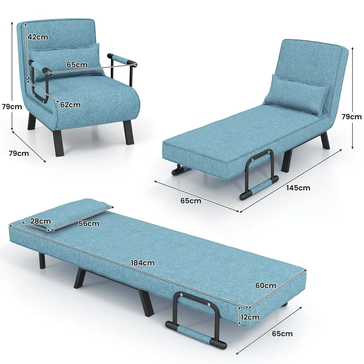 Cabrio-Schlafsofa Klappsessel Schlafcouch Sofabett 5-Positionen-Liegestuhl Hellgrau/Schwarz/Blau/Dunkelgrau/Kaffee