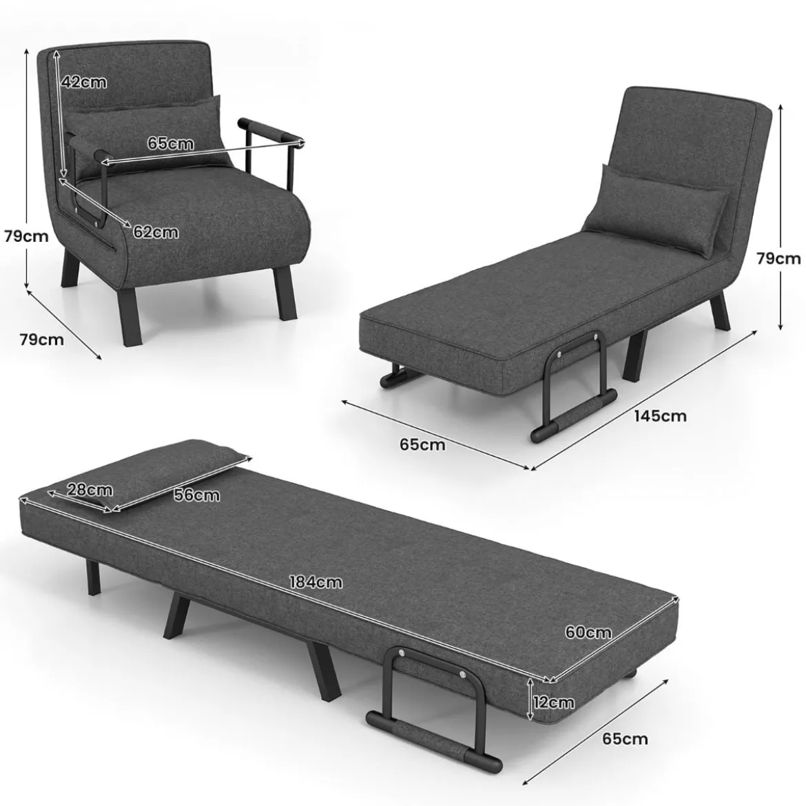Cabrio-Schlafsofa Klappsessel Schlafcouch Sofabett 5-Positionen-Liegestuhl Hellgrau/Schwarz/Blau/Dunkelgrau/Kaffee