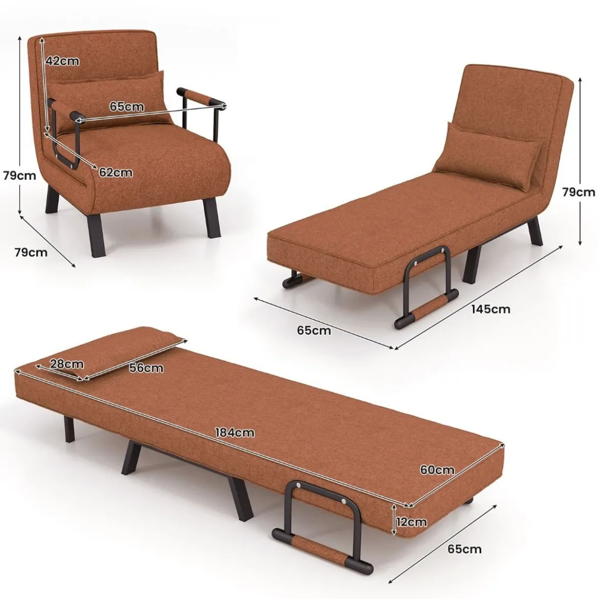 Cabrio-Schlafsofa Klappsessel Schlafcouch Sofabett 5-Positionen-Liegestuhl Hellgrau/Schwarz/Blau/Dunkelgrau/Kaffee
