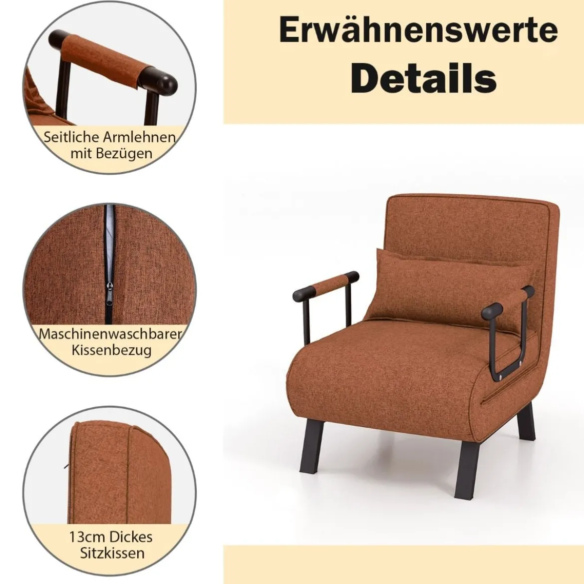 Cabrio-Schlafsofa Klappsessel Schlafcouch Sofabett 5-Positionen-Liegestuhl Hellgrau/Schwarz/Blau/Dunkelgrau/Kaffee