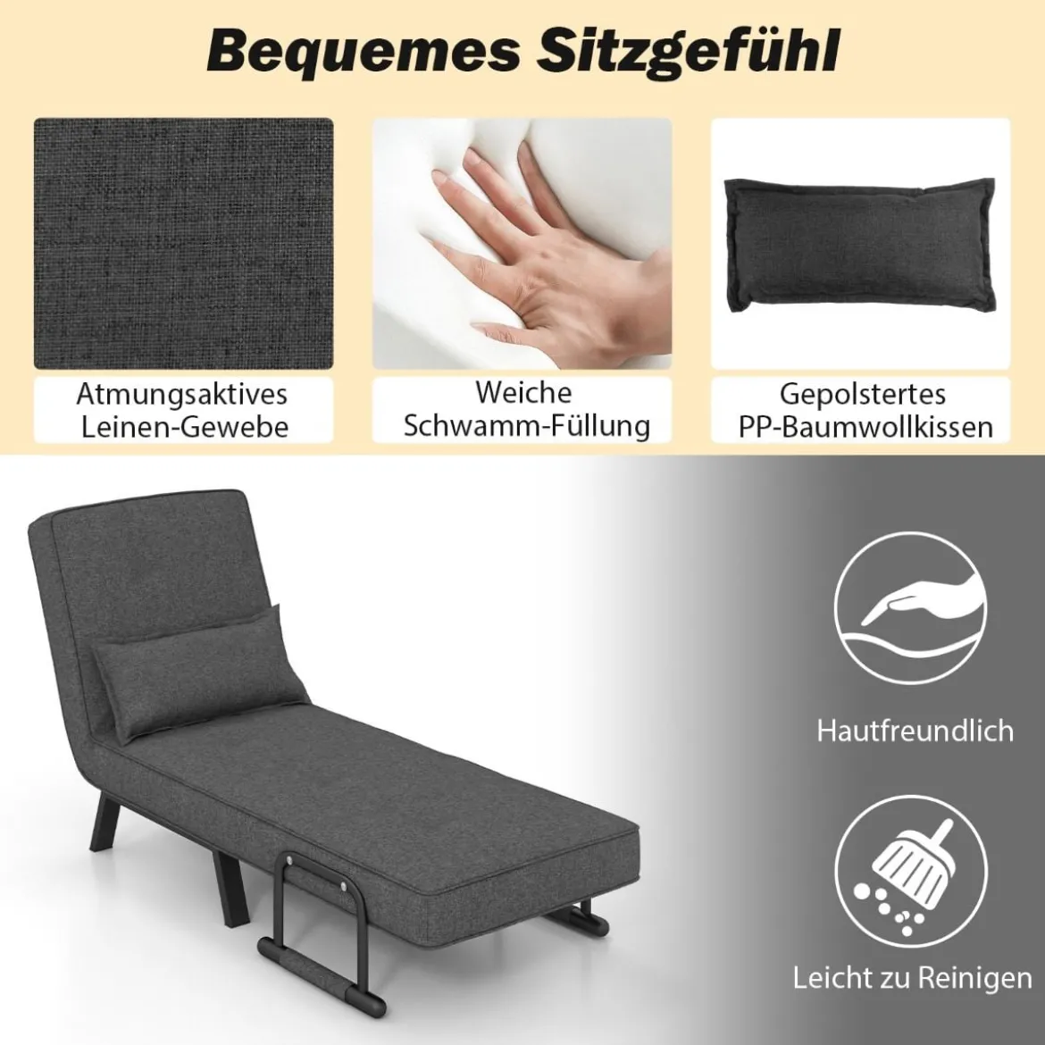 Cabrio-Schlafsofa Klappsessel Schlafcouch Sofabett 5-Positionen-Liegestuhl Hellgrau/Schwarz/Blau/Dunkelgrau/Kaffee