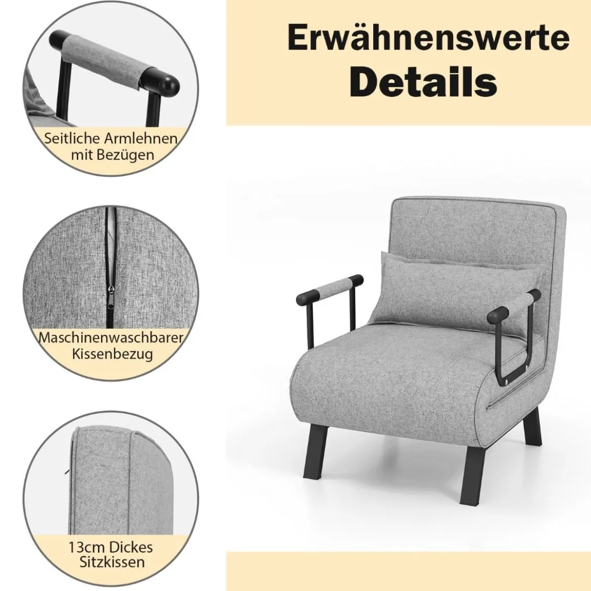 Cabrio-Schlafsofa Klappsessel Schlafcouch Sofabett 5-Positionen-Liegestuhl Hellgrau/Schwarz/Blau/Dunkelgrau/Kaffee