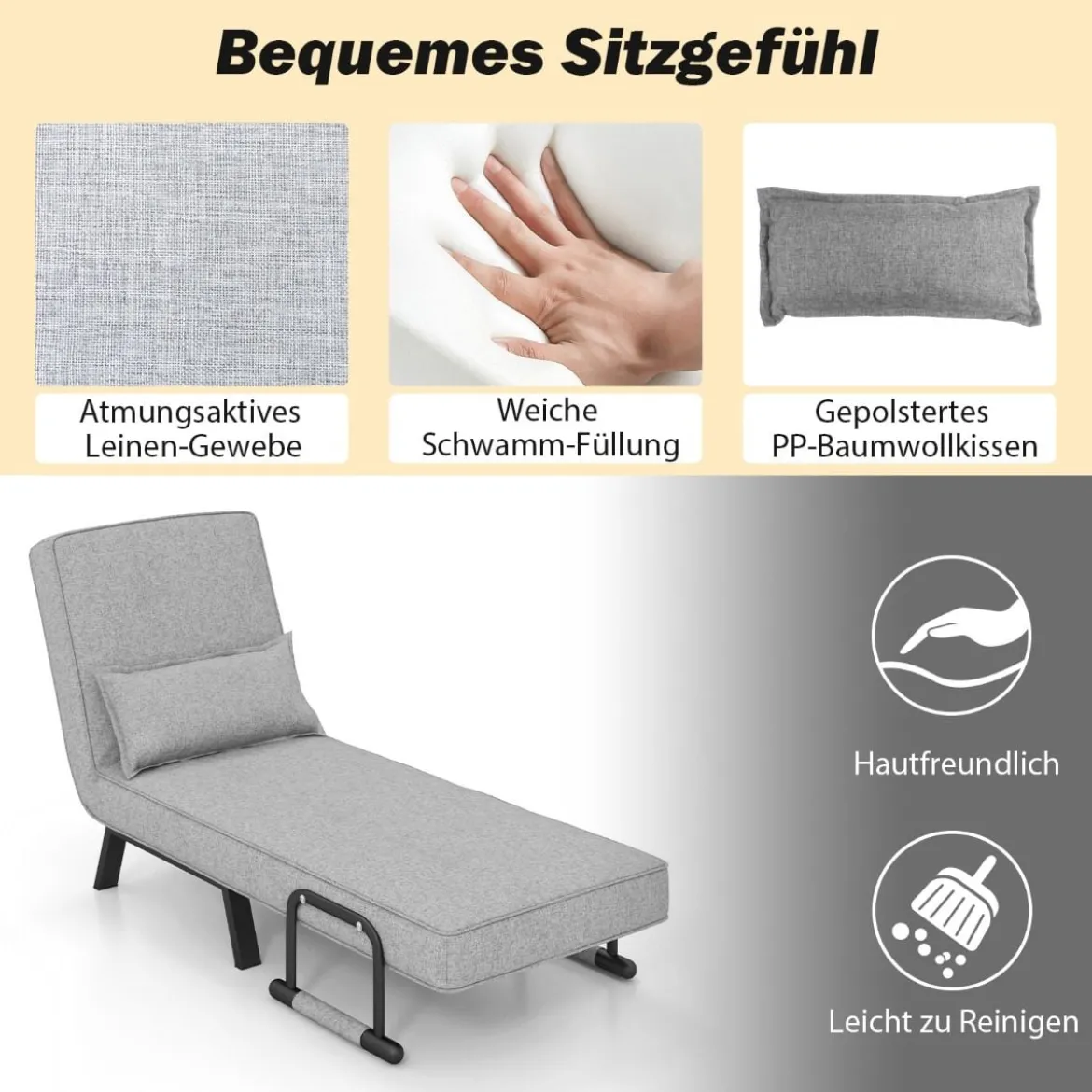 Cabrio-Schlafsofa Klappsessel Schlafcouch Sofabett 5-Positionen-Liegestuhl Hellgrau/Schwarz/Blau/Dunkelgrau/Kaffee