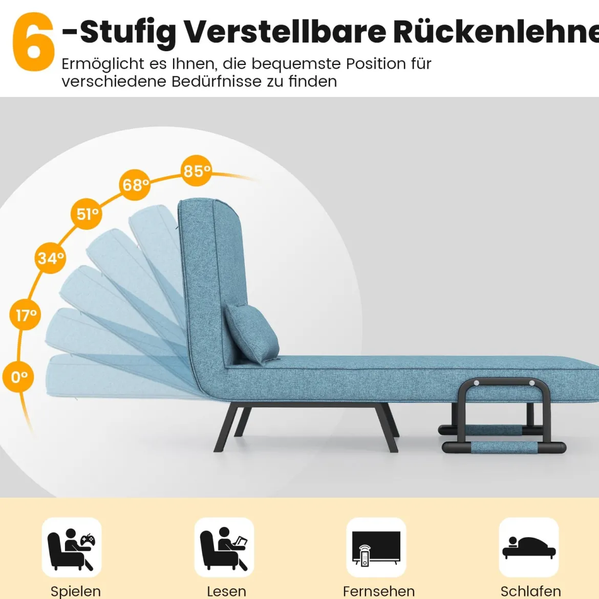Cabrio-Schlafsofa Klappsessel Schlafcouch Sofabett 5-Positionen-Liegestuhl Hellgrau/Schwarz/Blau/Dunkelgrau/Kaffee