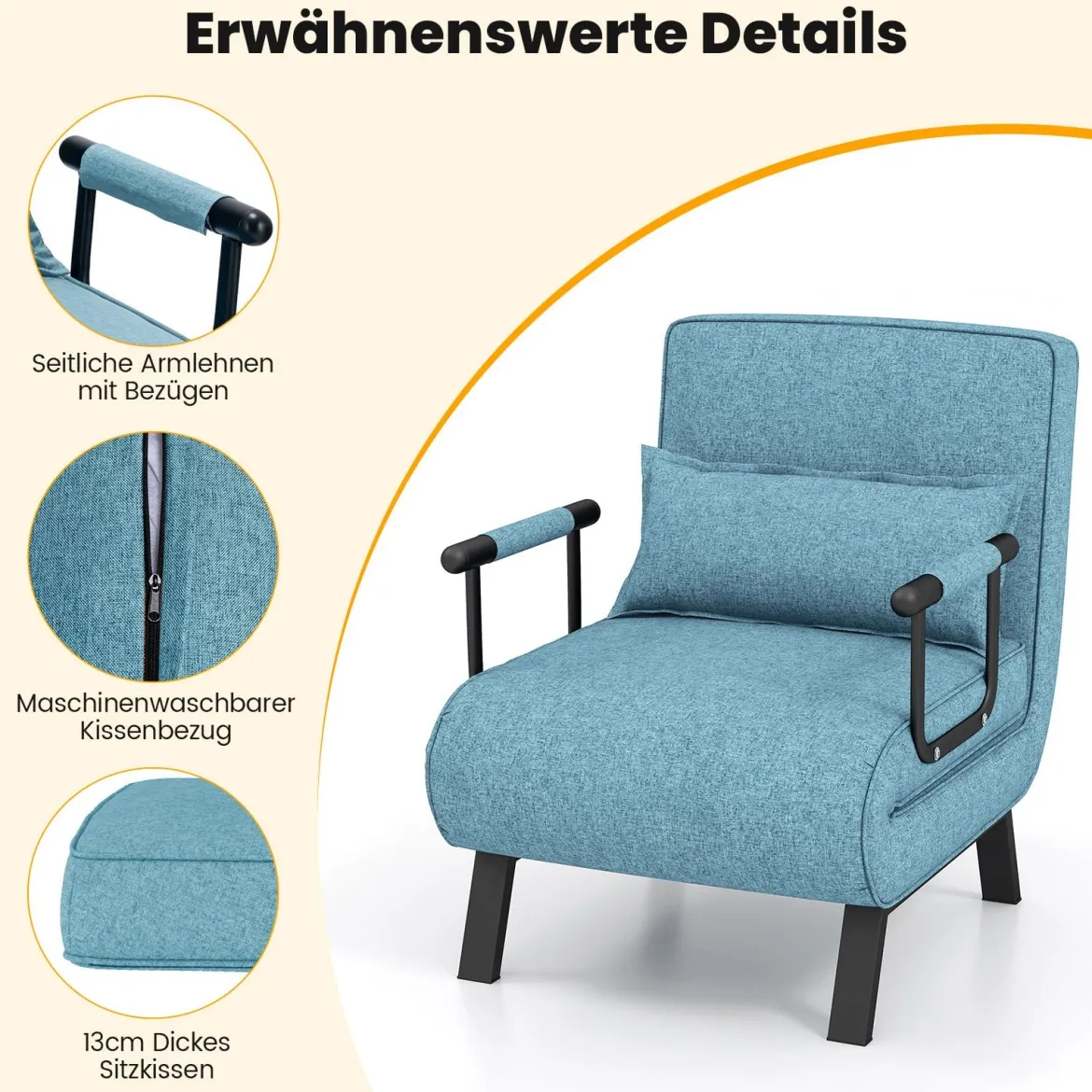 Cabrio-Schlafsofa Klappsessel Schlafcouch Sofabett 5-Positionen-Liegestuhl Hellgrau/Schwarz/Blau/Dunkelgrau/Kaffee