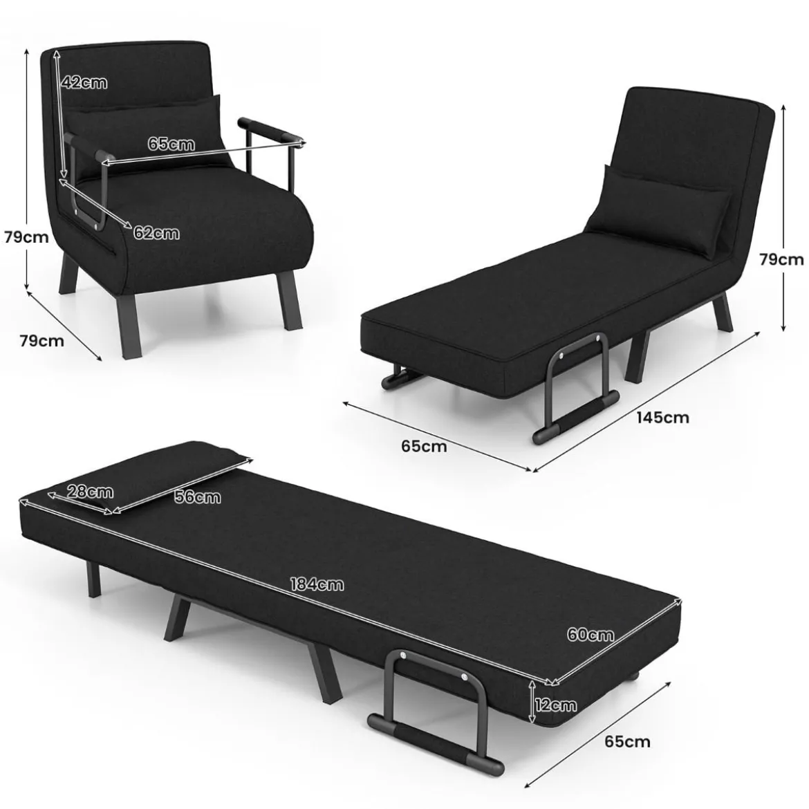 Cabrio-Schlafsofa Klappsessel Schlafcouch Sofabett 5-Positionen-Liegestuhl Hellgrau/Schwarz/Blau/Dunkelgrau/Kaffee