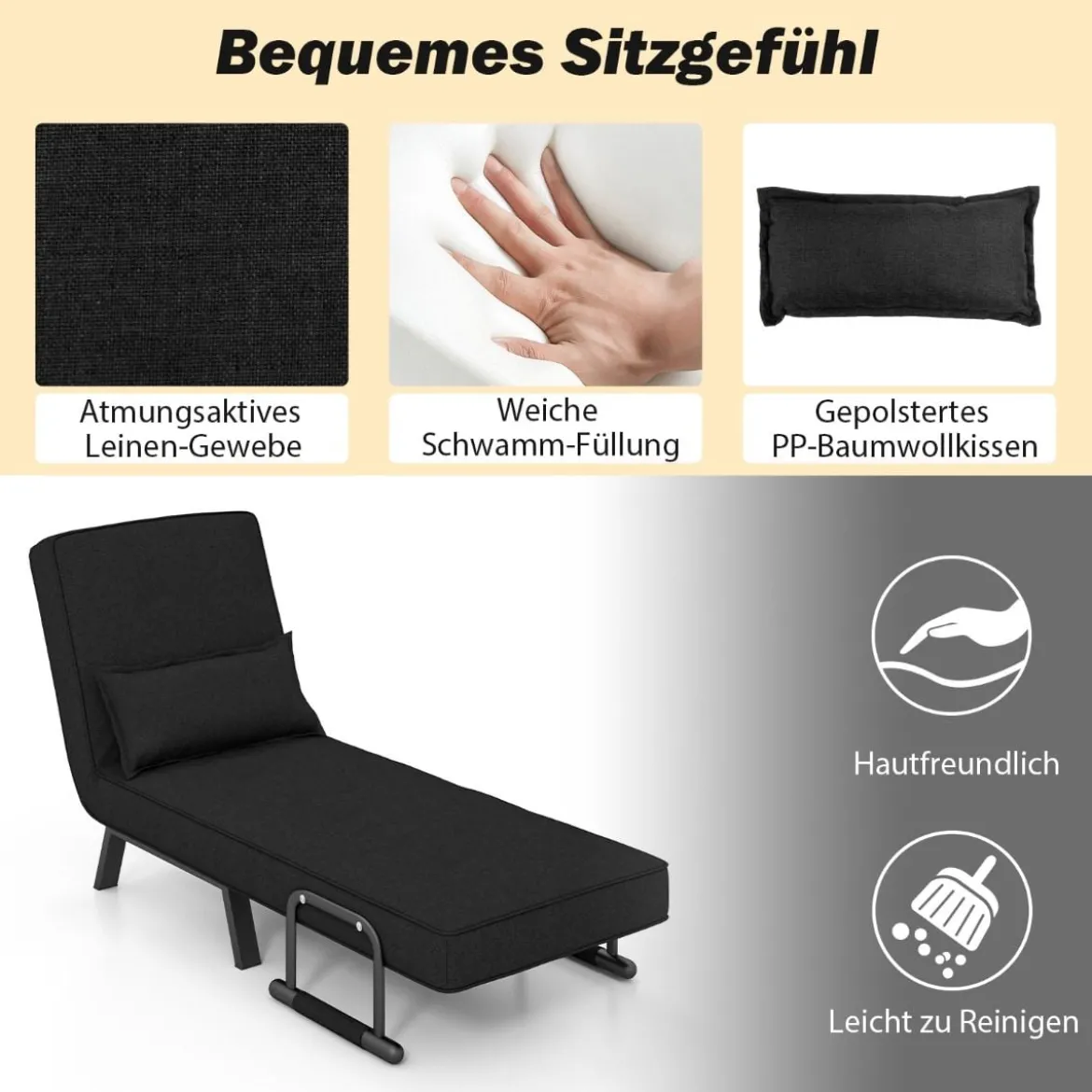 Cabrio-Schlafsofa Klappsessel Schlafcouch Sofabett 5-Positionen-Liegestuhl Hellgrau/Schwarz/Blau/Dunkelgrau/Kaffee