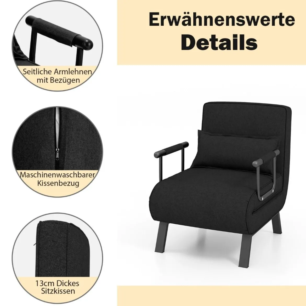 Cabrio-Schlafsofa Klappsessel Schlafcouch Sofabett 5-Positionen-Liegestuhl Hellgrau/Schwarz/Blau/Dunkelgrau/Kaffee
