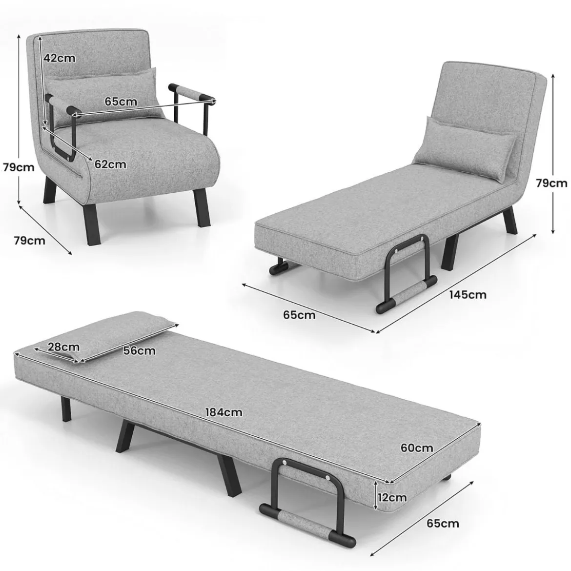 Cabrio-Schlafsofa Klappsessel Schlafcouch Sofabett 5-Positionen-Liegestuhl Hellgrau/Schwarz/Blau/Dunkelgrau/Kaffee