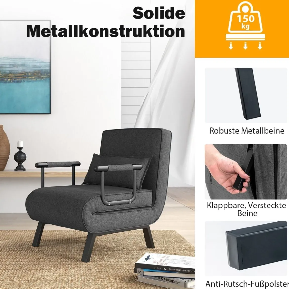 Cabrio-Schlafsofa Klappsessel Schlafcouch Sofabett 5-Positionen-Liegestuhl Hellgrau/Schwarz/Blau/Dunkelgrau/Kaffee